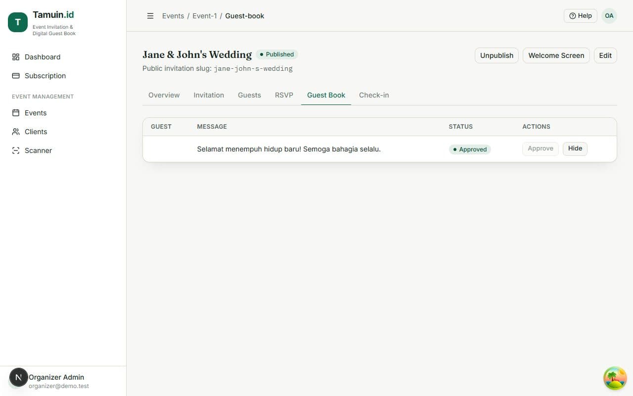 Buku Tamu — Kumpulkan ucapan dari orang-orang yang hadir.