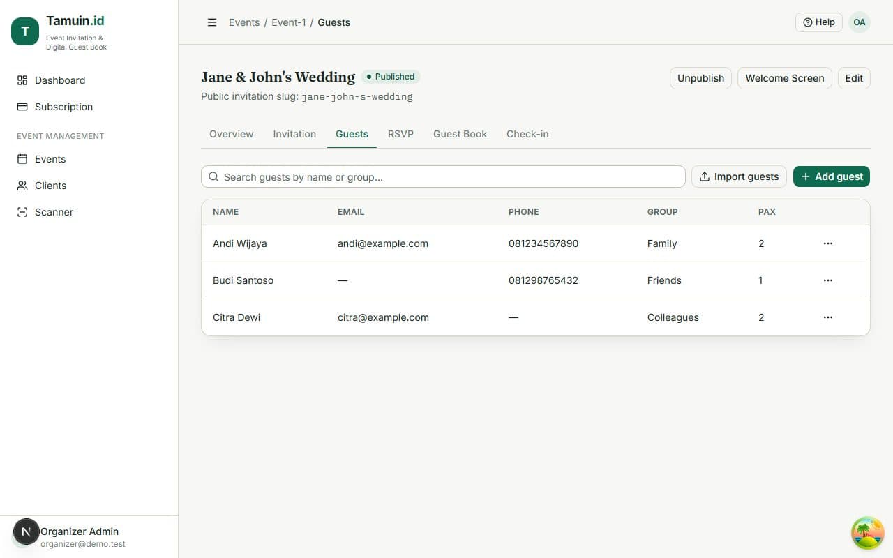 Manajemen Tamu — Kelola daftar tamu di satu tempat, dengan undangan untuk setiap tamu.